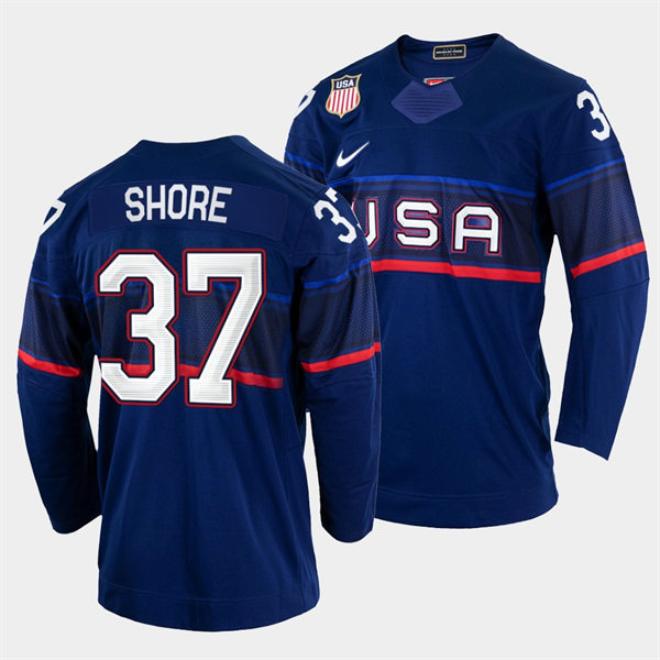 Men's USA Hockey #37 Nick Shore Nike Navy 2022 Winter Olympics Jersey