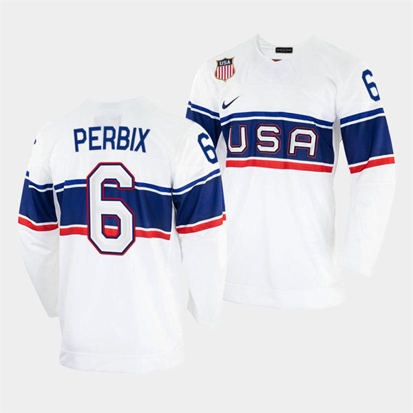 Men's USA Hockey #6 Nick Perbix Nike White 2022 Beijing Winter Olympic Jersey