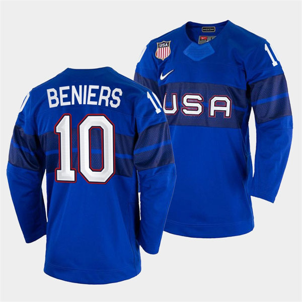 Men's USA Hockey #10 Matty Beniers 2022 Winter Olympics Royal Jersey