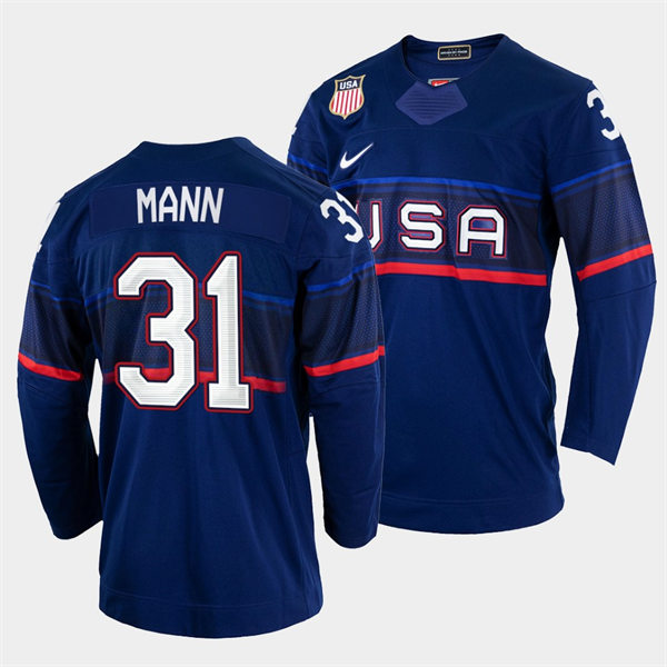 Men's USA Hockey #31 Strauss Mann 2022 Winter Olympics Blue Jersey
