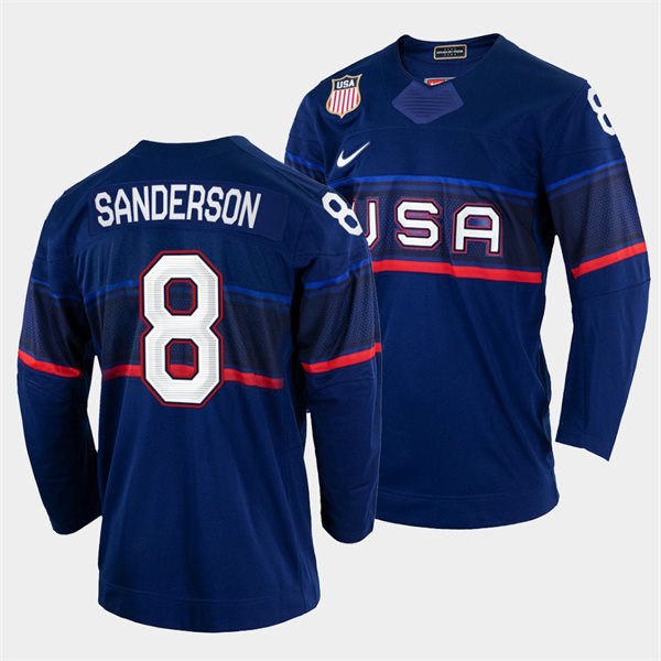 Men's USA Hockey #8 Jake Sanderson Nike Navy 2022 Winter Olympics Jersey