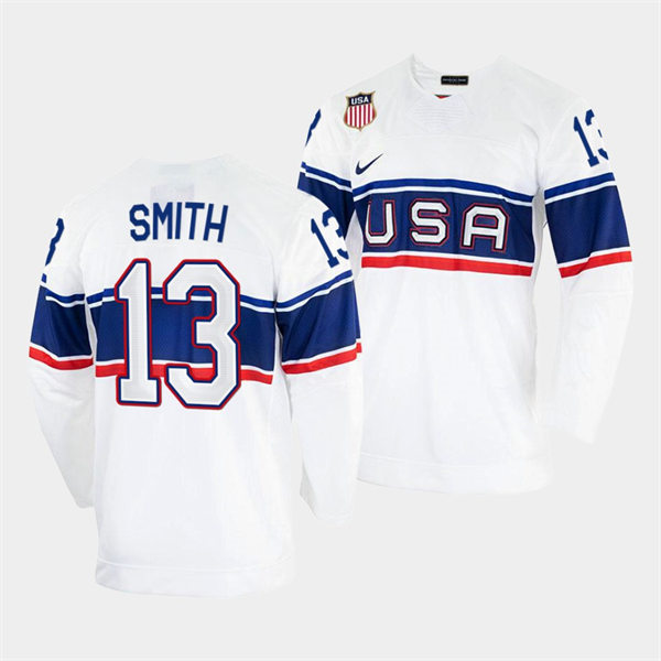 Men's USA Hockey #13 Nathan Smith Nike White 2022 Beijing Winter Olympic Jersey