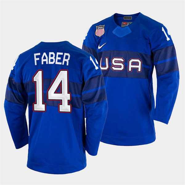 Men's USA Hockey #14 Brock Faber 2022 Winter Olympics Royal Jersey