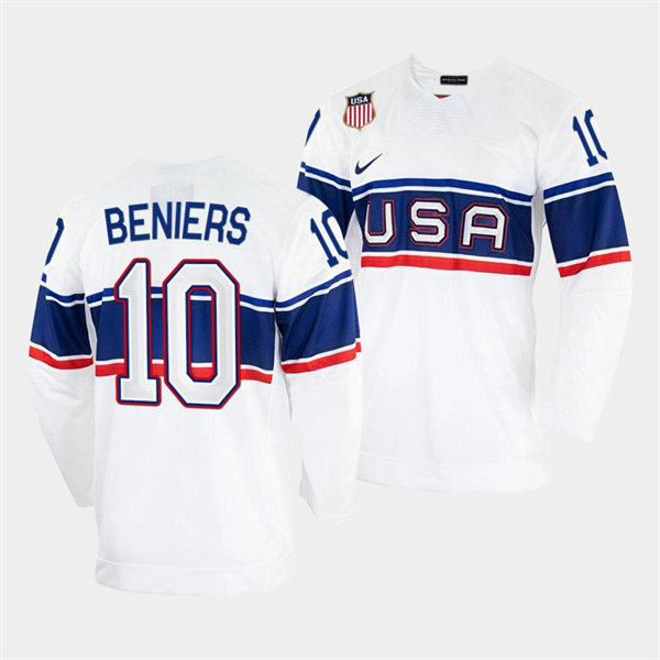 Men's USA Hockey #10 Matty Beniers Nike White 2022 Beijing Winter Olympic Jersey