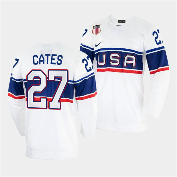 Men's USA Hockey #27 Noah Cates Nike White 2022 Beijing Winter Olympic Jersey