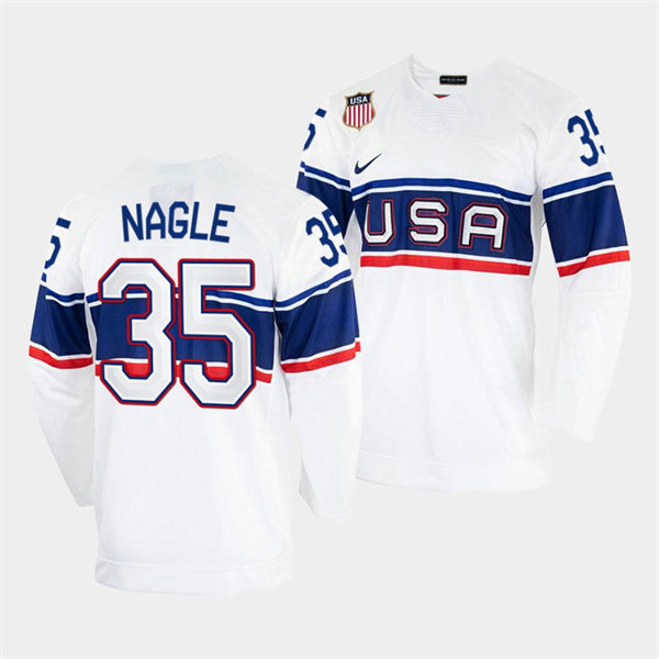 Men's USA Hockey #35 Pat Nagle Nike White 2022 Beijing Winter Olympic Jersey