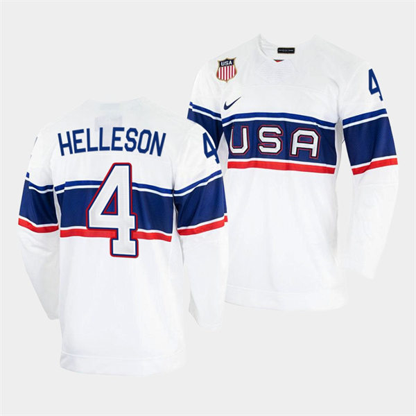 Men's USA Hockey #4 Drew Helleson Nike White 2022 Beijing Winter Olympic Jersey