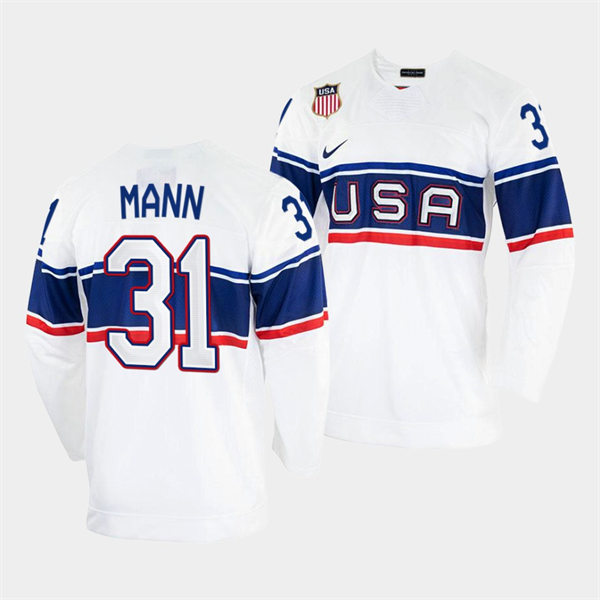 Men's USA Hockey #31 Strauss Mann Nike White 2022 Beijing Winter Olympic Jersey