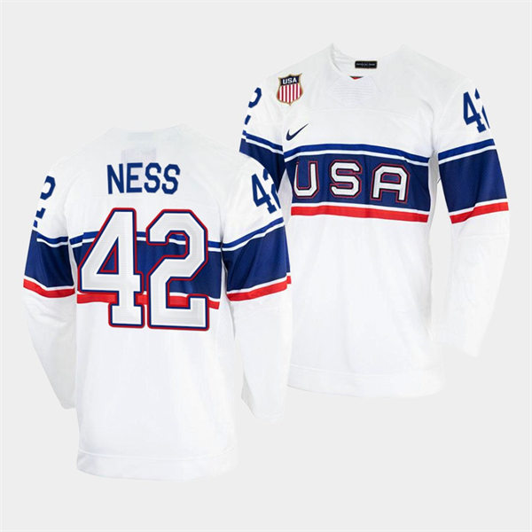 Men's USA Hockey #42 Aaron Ness Nike White 2022 Beijing Winter Olympic Jersey