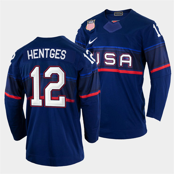 Men's USA Hockey #12 Sam Hentges 2022 Winter Olympics Blue Jersey