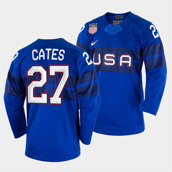Men's USA Hockey #27 Noah Cates 2022 Winter Olympics Royal Jersey