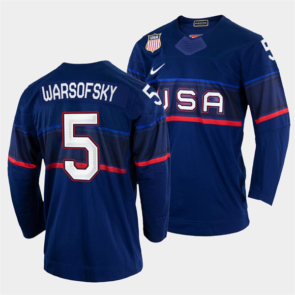 Men's USA Hockey #5 David Warsofsky Nike Navy 2022 Winter Olympics Jersey