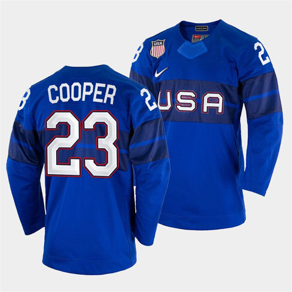 Men's USA Hockey #23 Brian Cooper 2022 Winter Olympics Royal Jersey