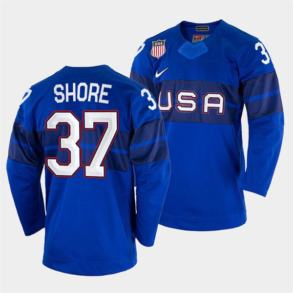 Men's USA Hockey #37 Nick Shore 2022 Winter Olympics Royal Jersey