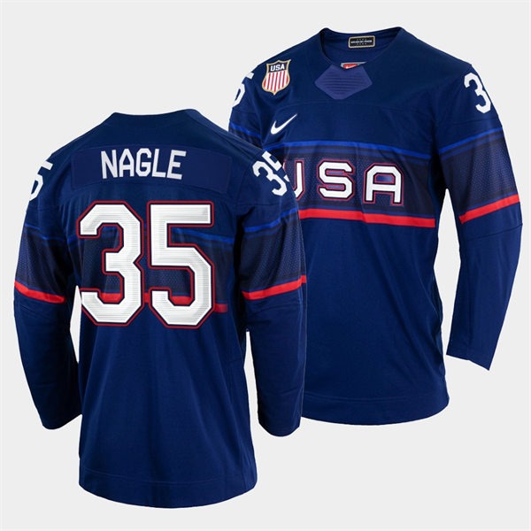 Men's USA Hockey #35 Pat Nagle Nike Navy 2022 Winter Olympics Jersey