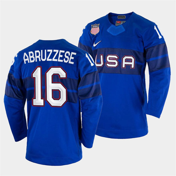 Men's USA Hockey #16 Nick Abruzzese 2022 Winter Olympics Royal Jersey