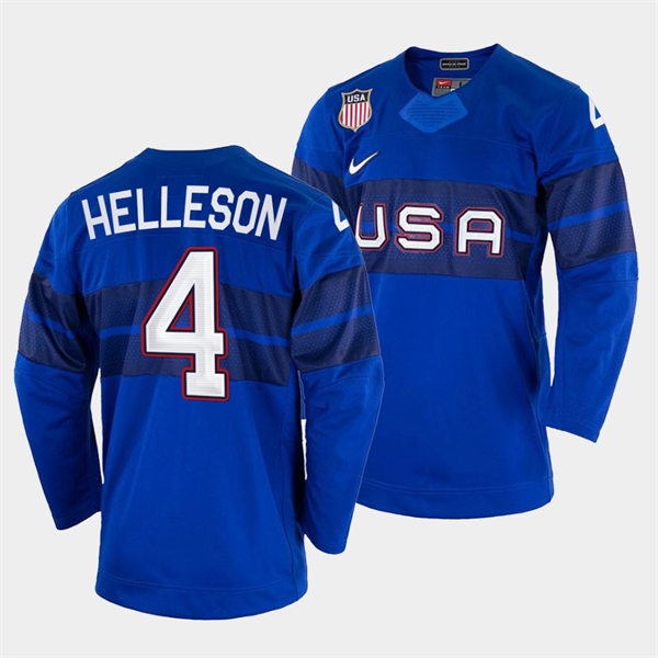 Men's USA Hockey #4 Drew Helleson 2022 Winter Olympics Royal Jersey