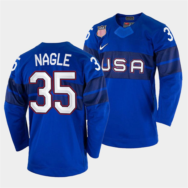 Men's USA Hockey #35 Pat Nagle 2022 Winter Olympics Royal Jersey