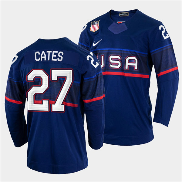 Men's USA Hockey #27 Noah Cates Nike Navy 2022 Winter Olympics Jersey
