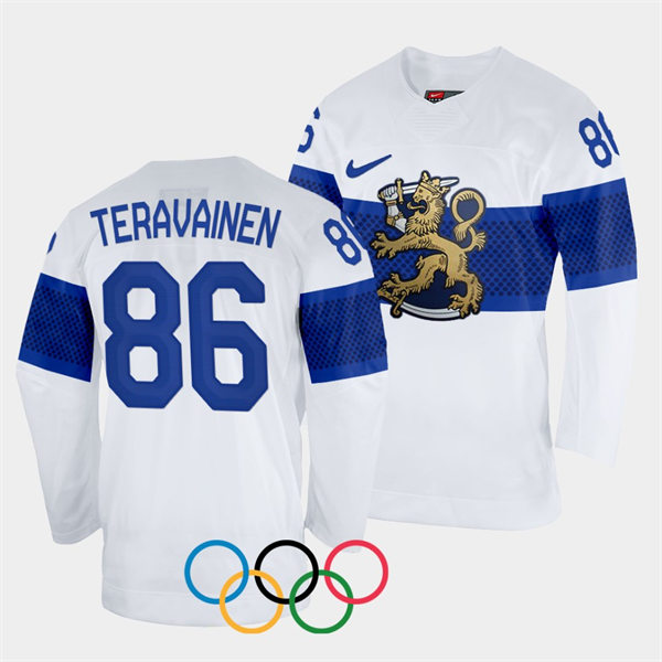 Mens Finland Team Hockey #86 Teuvo Teravainen Home White 2022 Beijing Olympics Jersey