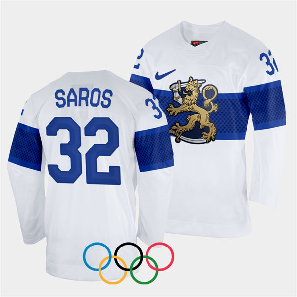 Mens Finland Team Hockey #32 Juuse Saros Home White 2022 Beijing Olympics Jersey