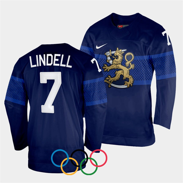 Mens Finland Team Hockey #7 Esa Lindell Away Navy 2022 Beijing Olympics Jersey