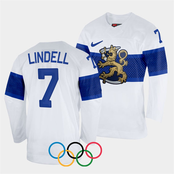 Mens Finland Team Hockey #7 Esa Lindell Home White 2022 Beijing Olympics Jersey