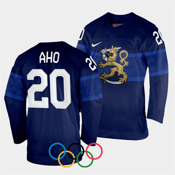 Mens Finland Team Hockey #20 Sebastian Aho Away Navy 2022 Beijing Olympics Jersey