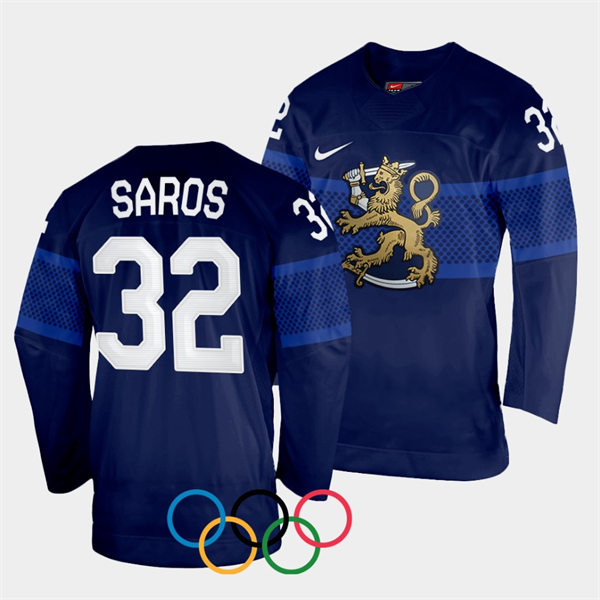Mens Finland Team Hockey #32 Juuse Saros Away Navy 2022 Beijing Olympics Jersey