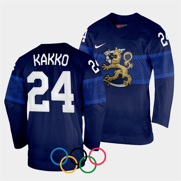 Mens Finland Team Hockey #24 Kaapo Kakko Away Navy 2022 Beijing Olympics Jersey