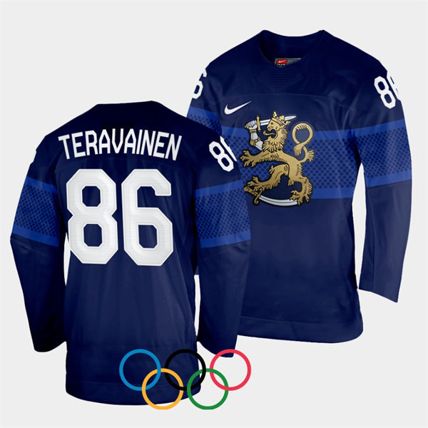Mens Finland Team Hockey #86 Teuvo Teravainen Away Navy 2022 Beijing Olympics Jersey