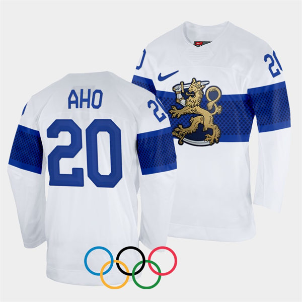 Mens Finland Team Hockey #20 Sebastian Aho Home White 2022 Beijing Olympics Jersey