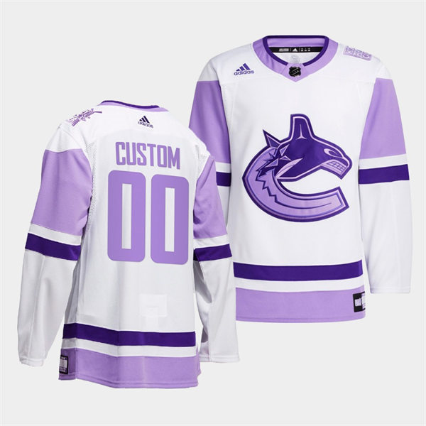 Men's Vancouver Canucks custom 2021-22 White Purple Hockey Fights Cancer Primegreen Jersey