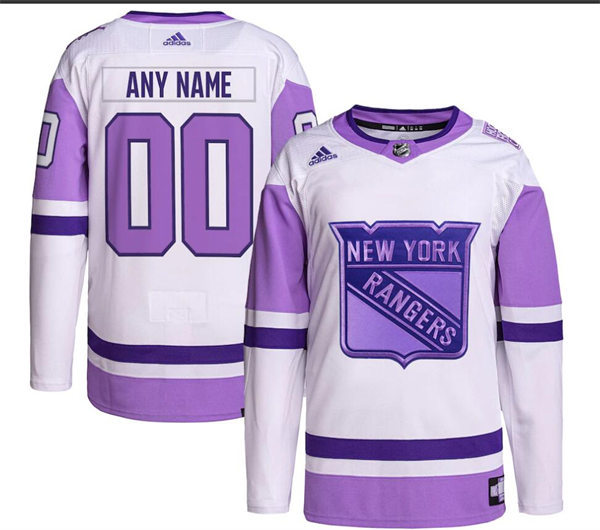 Mens New York Rangers Custom 2021-22 White Purple Hockey Fights Cancer Primegreen Jersey