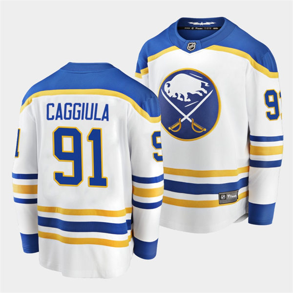 Men's Buffalo Sabres #91 Drake Caggiula Adidas White Royal Away Premier Player Jersey