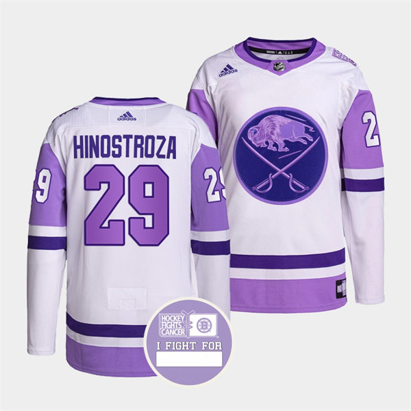 Men's Buffalo Sabres #29 Vinnie Hinostroza 2021-22 White Purple Hockey Fights Cancer Jersey