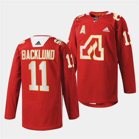 Men's Calgary Flames #11 Mikael Backlund Adidas Red Honor the Atlanta Flames 2022 50th Anniversary Warm-Up Jersey
