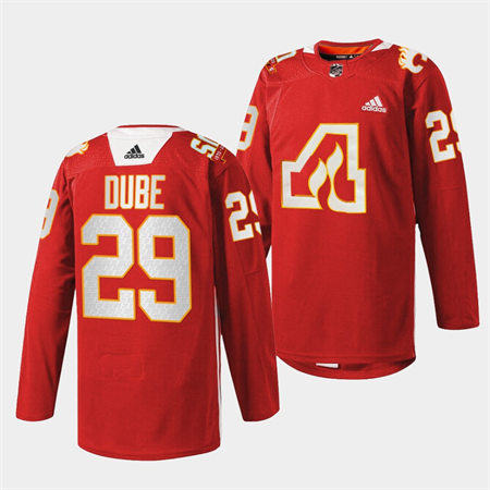 Men's Calgary Flames #29 Dillon Dube Adidas Red Honor the Atlanta Flames 2022 50th Anniversary Warm-Up Jersey