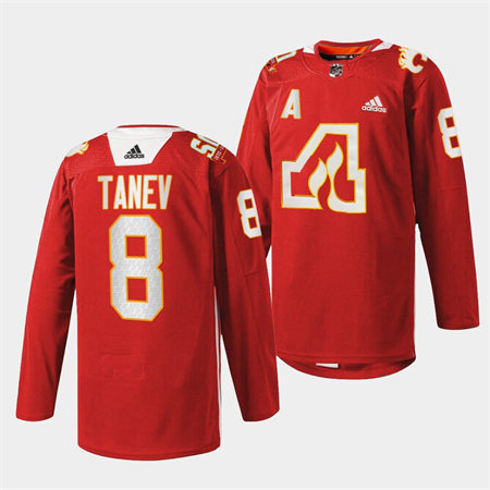 Men's Calgary Flames #8 Christopher Tanev Adidas Red Honor the Atlanta Flames 2022 50th Anniversary Warm-Up Jersey