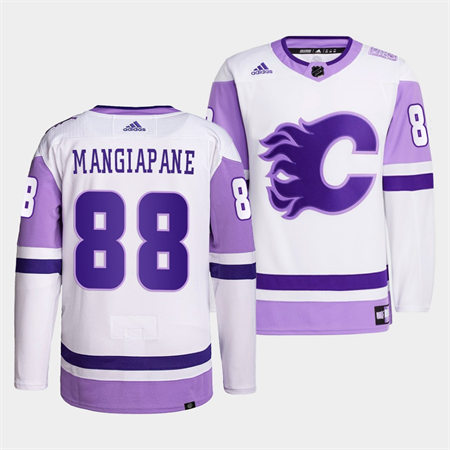 Men's Calgary Flames #88 Andrew Mangiapane 2022 White Purple Hockey Fights Cancer Primegreen Jersey