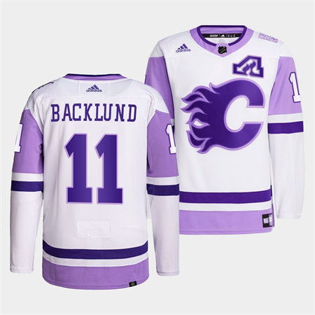 Men's Calgary Flames #11 Mikael Backlund 2022 White Purple Hockey Fights Cancer Primegreen Jersey