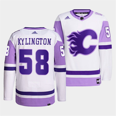 Men's Calgary Flames #58 Oliver Kylington 2022 White Purple Hockey Fights Cancer Primegreen Jersey