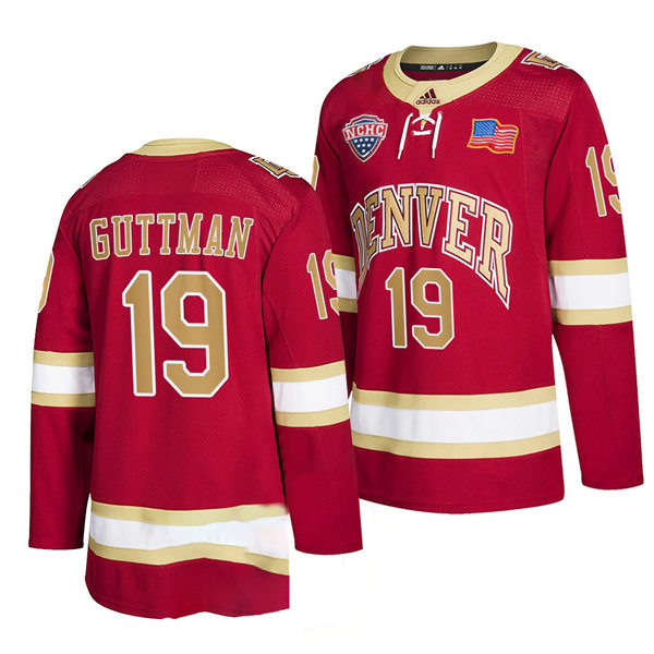 Mens Denver Pioneers #19 Cole Guttman Crimson College Hockey Game Jersey