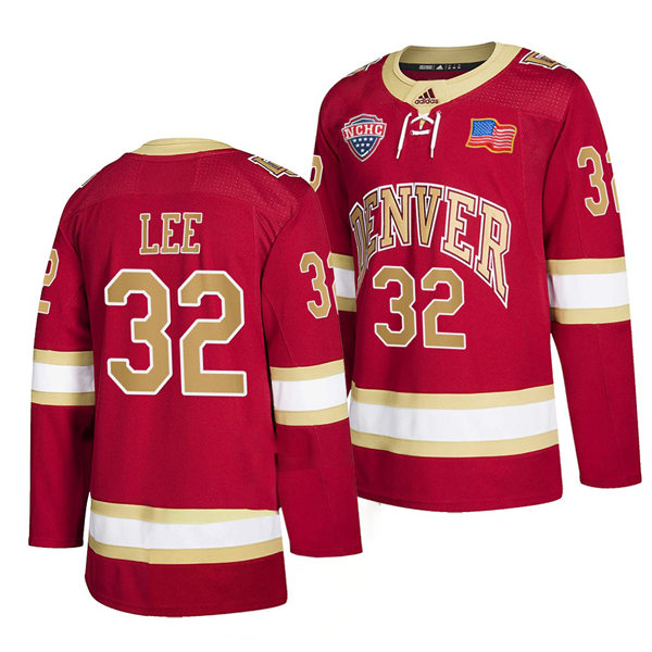 Mens Denver Pioneers #32 Justin Lee Crimson College Hockey Game Jersey