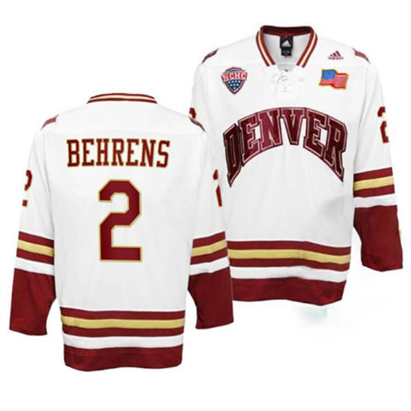 Mens Denver Pioneers #2 Sean Behrens White College Hockey Game Jersey