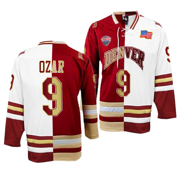 Mens Denver Pioneers #9 Owen Ozar College Hockey Crimson White Split Two Tone Edtion Jersey
