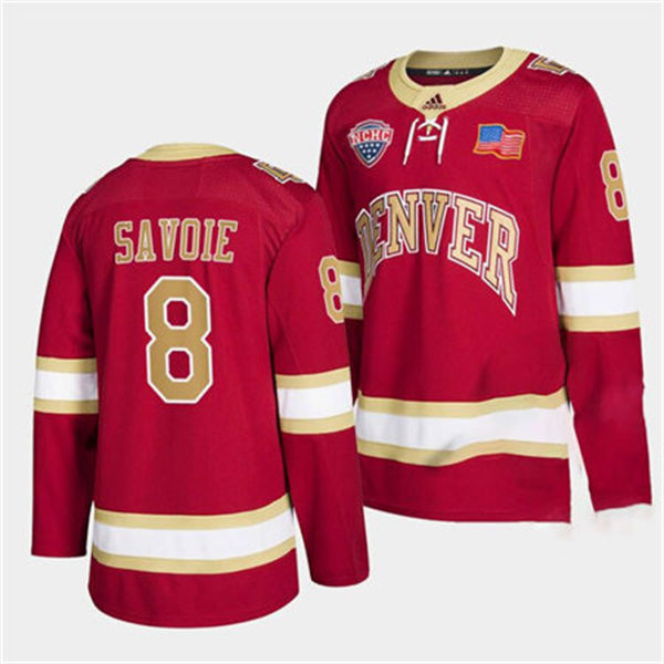 Mens Denver Pioneers #8 Carter Savoie Crimson College Hockey Game Jersey 
