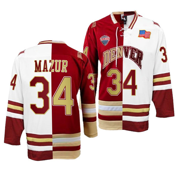 Mens Denver Pioneers #34 Carter Mazur College Hockey Crimson White Split Two Tone Edtion Jersey