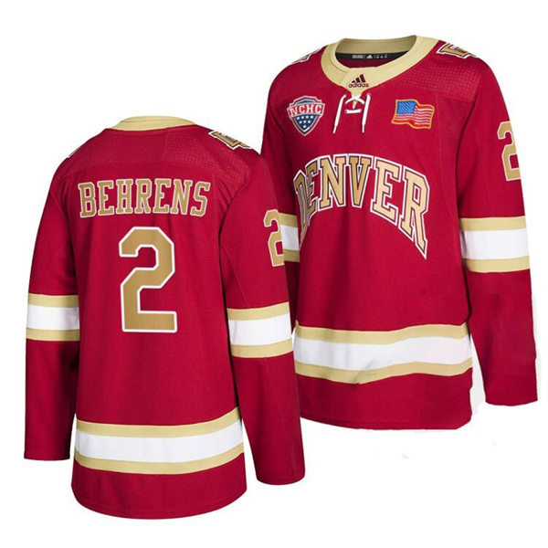 Mens Denver Pioneers #2 Sean Behrens Crimson College Hockey Game Jersey