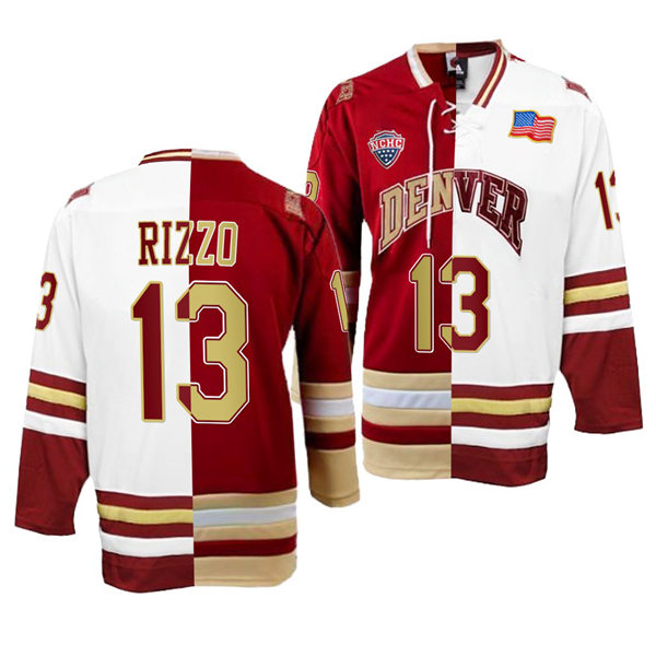 Mens Denver Pioneers #13 Massimo Rizzo College Hockey Crimson White Split Two Tone Edtion Jersey